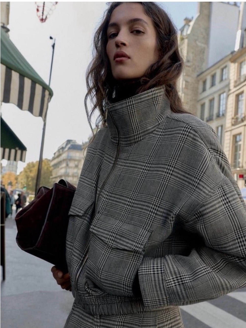 Zara Black & Gray Plaid High-Collar Cropped Bomber Jacket